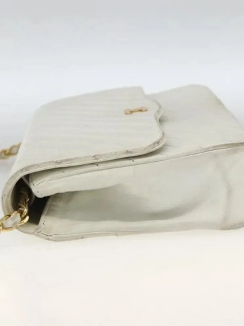 CHANEL Matelasse Chain Shoulder Bag Lamb Skin White Gold CC Auth BA11362A
